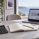 Web sitesi kapsamını planlamak için hazırlanmış hesap makinesi, not defteri ve bilgisayar